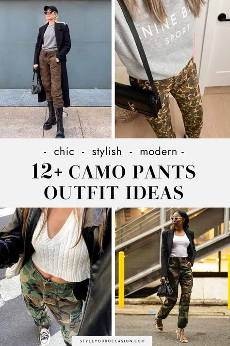 Looking for chic camo pants outfit ideas in 2023? These modern looks have the perfect aesthetic whether you want a baddie style or something more refined. There’s camo pants outfits with heels, sneakers, and boots for every season from winter to spring, and summer, to fall. Put together chic camouflage outfits with this street style guide. Camo Pants Outfit 2023, Styling Camo Cargo Pants Women, Camo Cargo Pants Outfit Fall, What To Wear With Camo Joggers, Camouflage Pants Outfit Ideas, Styling Army Cargo Pants, How To Style Camouflage Pants, Cargo Pants Outfit Black Women Fall, Women’s Camo Pants Outfit