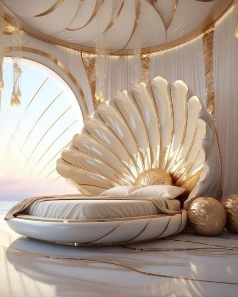 Seashell Inspired Beds: Transform Your Bedroom with a Fairytale Touch Funny Toilet Paper Holder, Unusual Beds, Theme Hotel, Sound Of Waves, Unique Bedroom Design, Dream Bedroom Inspiration, Romantic Bed, Classic House Exterior, Modern Villa Design