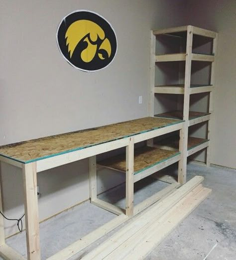 garage storage shelving and work table Rinnovo Garage, Rifacimento Garage, Officine In Garage, Diy Bank, 1000 Lifehacks, Garage Ceiling, Garage Floor Paint, Garage Workshop Organization, Garage Remodel