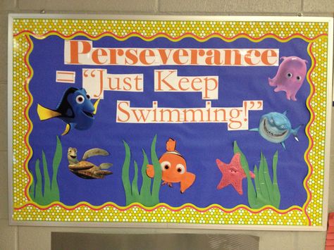 Perseverance Bulletin Board - Just Keep Swimming! Perseverance Bulletin Board Ideas, Perseverance Bulletin Board, Just Keep Swimming Bulletin Board, Parent Communication Board, Highschool Teaching, Pirate Bulletin Boards, Character Education Bulletin Boards, Classroom Jobs Board, Ocean Bulletin Board