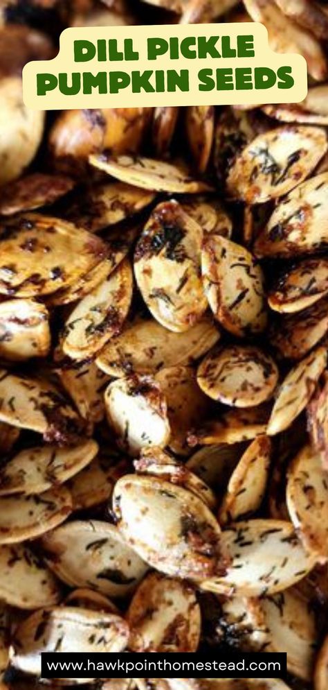 Dill pickle roasted pumpkin seeds are a different take on the wonderful snack of pumpkin seeds. Mix yummy dill pickles with the crunchy pumpkin seeds and you get a delicious fall snack!  One of my favorite things about pumpkin carving and Fall is roasting the pumpkin seeds.  Enjoy these delicious crunchy pumpkin seeds with the wonderful dill pickle  flavor. Pumpkin seeds are a healthy and satisfying snack that are so easy to make!   Making pumpkin seeds is a fun activity to do with kids! Pumpkin Seeds Recipe Dill Pickle, Pickle Pumpkin Seeds, Season Pumpkin Seeds, Best Way To Cook Pumpkin Seeds, Homemade Roasted Pumpkin Seeds, Cooked Pumpkin Seeds, Seasoned Pumpkin Seeds Recipes, Salt And Pepper Pumpkin Seeds, Dill Pumpkin Seeds