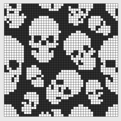 Pixel Skull Art, Emo Alpha Pattern, Grunge Alpha Pattern, Black And White Tapestry Crochet, Skull Pixel Art, Black And White Pixel Art, Pixel Crochet Pattern, Goth Pixel Art, Halloween Bedding