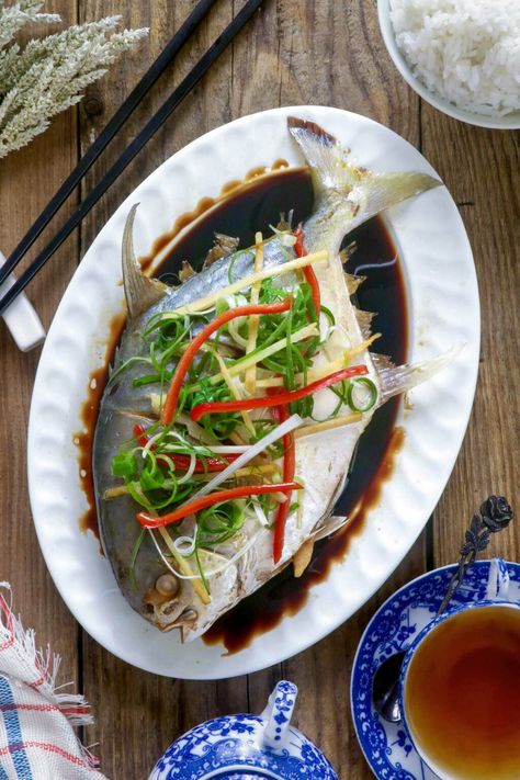 Steamed Fish-Chinese Style - Foxy Folksy Steamed Fish Chinese Style, Chinese Steamed Fish, Abc Soup, Steam Fish, Whole Fish Recipes, Steamed White Rice, Steamed Fish, Chicken Livers, Cooking Wine