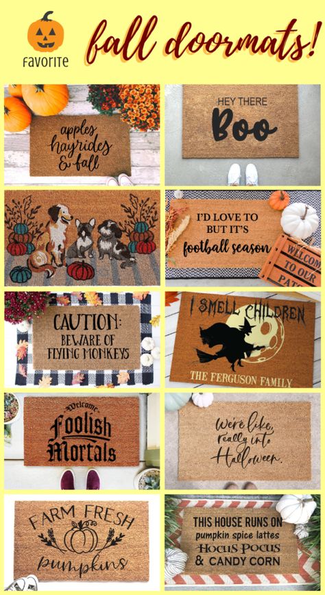 10 Fall Doormats to Welcome in the Season - home decor ideas for fall - joyfully so Cricut Doormat Ideas, Doormat Inspiration, Fall Doormat Ideas Diy, Fall Mats Diy, Cricut Doormat, Chip And Joanna Gaines Costume, Coir Doormat Diy Fall, Fall Welcome Mat Ideas, Doormat Quotes