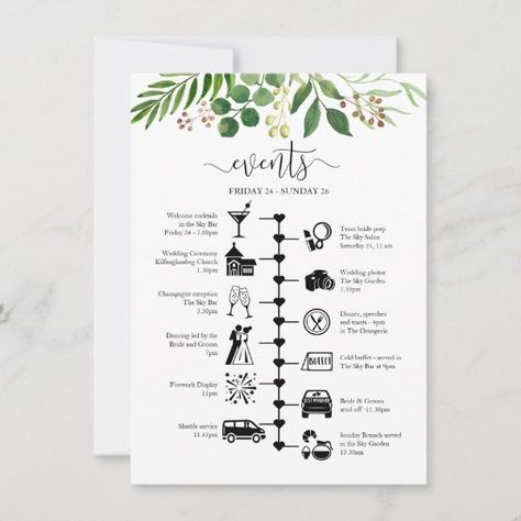 Pretty Greenery Wedding Guest Itinerary  Advice Card Wedding Agenda, Vintage Rose Wedding, Wedding Advice Cards, Bohemian Baby, Wedding Itinerary, Welcome Card, Advice Cards, Wedding Favor Bags, Wedding Timeline