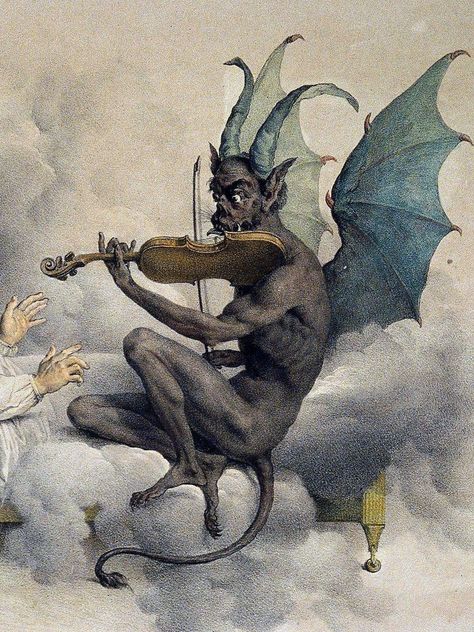 “Tartini's Dream” (detail, color) by Louis-Léopold Boilly. Illustration of the legend behind Giuseppe Tartini's “Devil's Trill Sonata” ~ 1824 Burning Background, Medieval Paintings, Arte Peculiar, Arte Robot, Occult Art, Demon Art, Dark Art Illustrations, Fairytale Art, Medieval Art