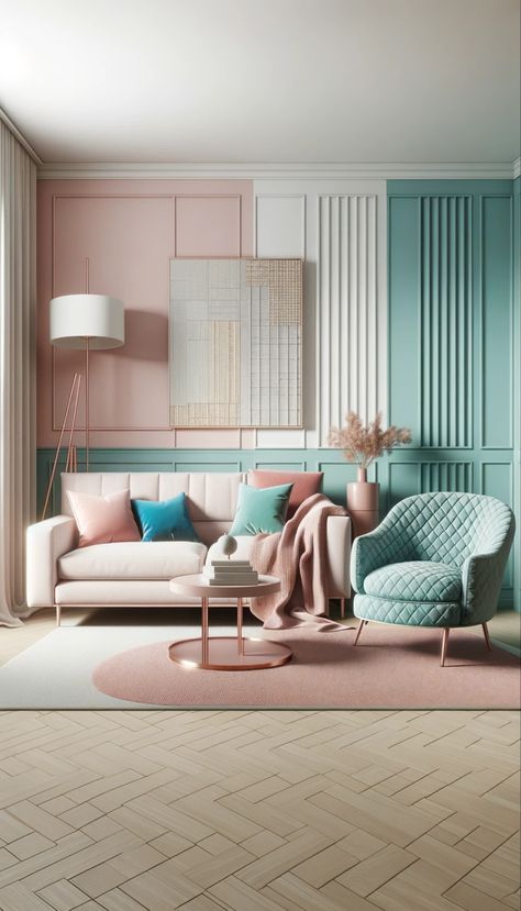 This living space showcases a blend of modern aesthetics with soft pastel colors. The blush pink sofa, draped with a striped throw blanket, creates a cozy seating area, while the quilted turquoise accent chair offers an additional touch of luxury. The rose gold floor lamp casts a gentle glow, complementing the textured wall art piece that adds depth and character to the room. Blush Pink Sofa, Turquoise Accent Chair, Zen Room Decor, Cozy Seating Area, Gold Floor, Striped Throw Blanket, Modern Farmhouse Living, Zen Room, Gold Floor Lamp