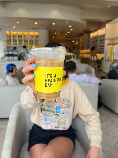 Coffee shop, iced coffee, yellow To Go Coffee Aesthetic, Coffee Shop Marketing Ideas, Coffee Content Ideas, Bright Coffee Shop Aesthetic, Vibrant Coffee Shop, Yellow Coffee Shop Aesthetic, Yellow Cafe Aesthetic, Smoothie Shop Aesthetic, Yellow Drink Aesthetic