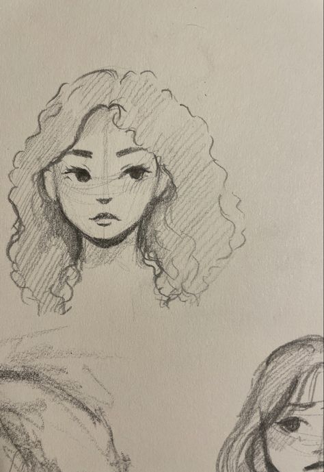 Cartoon Person Sketch, Simple Faces Drawings, Simple Self Portrait Drawing, Self Portrait Drawing Easy, Person Drawing Simple, People Drawings Easy, Sketchbook Drawings Ideas Sketch Books, Things To Draw People, Curly Hair Sketch