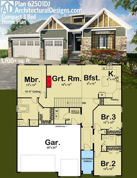 Art Deco House Plans, 1700 Sq Ft House Plans, 3 Bed House, Construction Ideas, American House, Casa Container, Bed House, Cottage Plan, Ranch House Plans