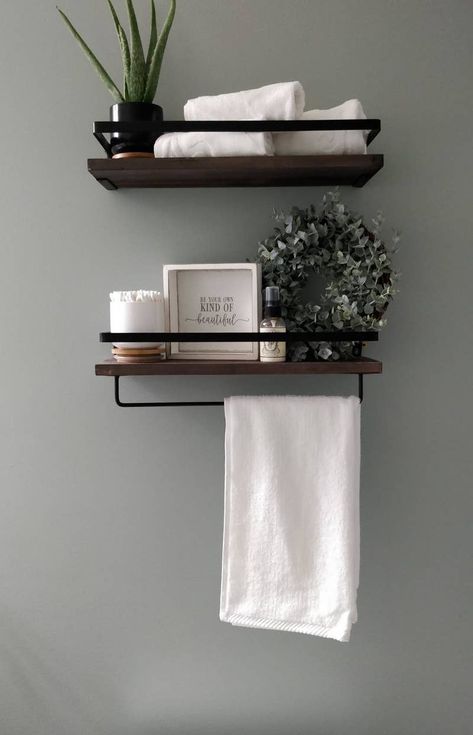 Bathroom Shelves Over Toilet Spa, Farmhouse Bathroom Floating Shelves, Bathroom Shelves By Mirror, Vanity Shelves Bathroom, Bathroom Shelves For Storage, Bathroom Shelves Next To Sink, Neutral Bathroom Shelves, Modern Farmhouse Bathroom Shelves, Bathroom Shelves Wall