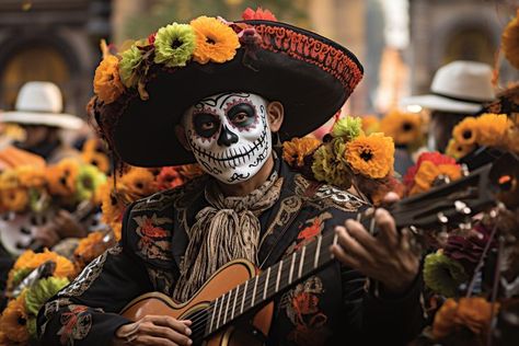 Day of the dead, skeleton skull face painted guy, playing guitar, day of the dead mexican holiday, mexican cultural event, festive celebration, cultural tradition, skeleton musician, mexican culture, musical celebration, cultural event, lively celebration, musical entertainment, festive decorations, day of the dead festival, mexican holiday, festive atmosphere, cultural heritage, cultural pride, traditional holiday, lively event, festive attire, cultural entertainment Guy Playing Guitar, Day Of The Dead Festival, Mexican Skeleton, Day Of The Dead Skeleton, Skull Face Paint, Festival Aesthetic, Mexican Holiday, Skeleton Skull, Aztec Art