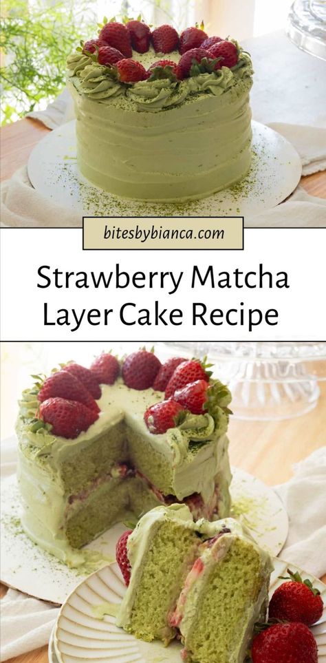 Try this delightful strawberry matcha cake that combines the flavors of matcha and strawberry. This cake is a perfect dessert with its mousse-like frosting and matcha layered cake structure. Using green tea powder, this is the best matcha cake recipe for any matcha dessert lover. Enjoy the fresh taste of strawberries in this beautiful matcha cake. Strawberry Matcha Cake, Matcha Strawberry Cake, Matcha Whipped Cream, Matcha Cake Recipe, Matcha Recipe Baking, Matcha Baking, Matcha Strawberry, Strawberry Cake Recipe, Green Tea Cake