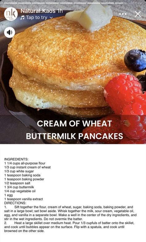 Cream Of Wheat Pancakes, Alfredo Recipes, Wheat Pancakes, Cream Of Wheat, Wheat Recipes, Chicken Alfredo Recipes, Copykat Recipes, Pancakes Ingredients, Buttermilk Pancakes