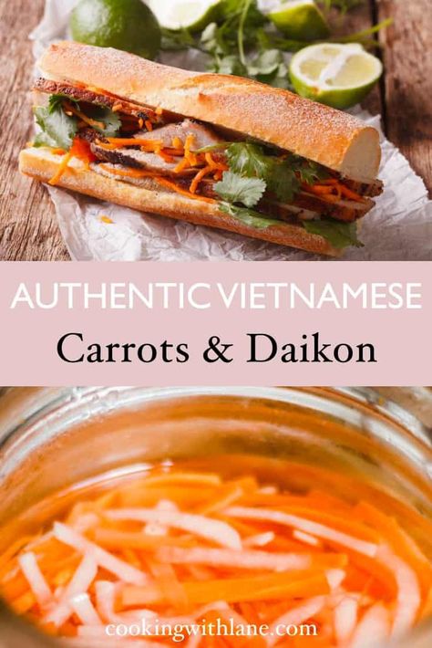 FAST Picked Carrots and Daikon for Banh Mi Vietnamese Sandwich Beef Broth Soup Recipes, Picked Carrots, Pickled Carrots And Daikon, Vietnamese Coffee Recipe, Asian Potluck, Vietnamese Spring Rolls Recipe, Easy Asian Noodle Recipes, Daikon Recipe, Buns Recipe Easy