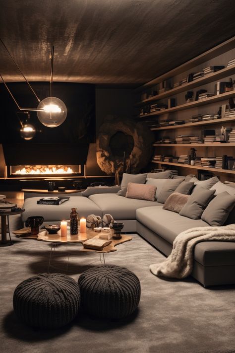 Large Basement Living Room Ideas, Trendy Basement Ideas, Relaxing Basement Ideas, Mcm Basement Ideas, Amber Interiors Basement, Dark Home Asethic, Mountain Basement, Classy Basement, Black Tv Room