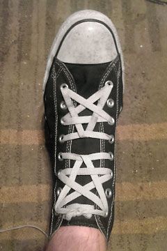 Black Converse hi-tops with white trim and white Pentagram Lacing (from Zachariah K). Both a regular and an inverted Pentagram squeezed into one shoe. Inverted Pentagram, Black Converse, White Trim, Converse Shoes, Converse, Trim, Black And White, Sneakers, White