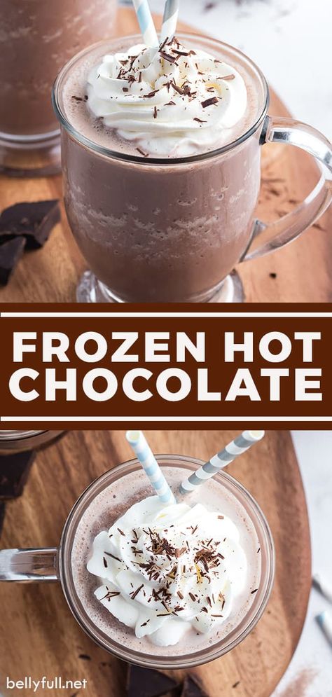 When you want the flavor of hot chocolate, but it's the dead of summer...you make Frozen Hot Chocolate - its icey cold cousin! With only 4 ingredients and a few minutes needed, it's a crazy easy drink to make, delicious, and refreshing on a hot day. Frozen Hot Chocolate Recipe Easy, Frozen Summer Drinks, Frozen Hot Chocolate Recipe, Homemade Chocolate Sauce, Classic Hot Chocolate, Dead Of Summer, Special Drinks, Frozen Hot Chocolate, Hot Chocolate Recipe