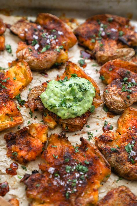 These are the best chili smashed potatoes! Buttery baby potatoes are smashed & seasoned with warm spices then roasted until crispy & served with a zesty avocado chimichurri sauce! Potatoes Smashed, Avocado Chimichurri, The Best Chili, Smashed Potatoes Recipe, Best Chili, Chimichurri Recipe, Chimichurri Sauce, Green Sauce, Smashed Potatoes