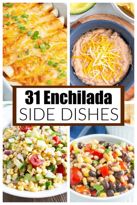 Looking for a side dish for enchiladas? I have gathered 31 delicious and simple enchilada side dishes for you to enjoy. All of these recipes are easy to make and the perfect side for your enchilada dinner. Be sure to save this pin and click over for all of the recipes. Enjoy! Chicken Enchilada Side Dish, Chicken Enchiladas Side Dishes, Sides To Go With Chicken Enchiladas, Side Dishes For Mexican Casserole, Salad With Enchiladas, What To Eat With Enchiladas, Chicken Enchilada Sides, What Goes With Enchiladas, Side Dish For Chicken Enchiladas