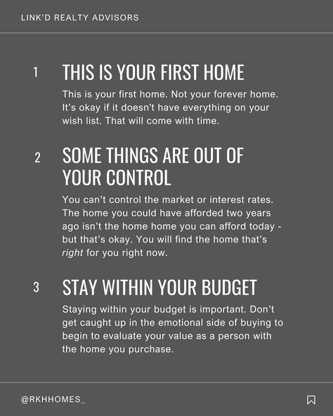 Buying your first home is exciting but also overwhelming, especially when you're hearing lots of chatter about this not being the ideal time to buy. But here's the thing - maybe conditions aren't ideal, but if you know in your heart you're ready to buy, then NOW is THE time. And here are a few other mind shifts we hope you, and all first-time buyers, will embrace: 1. This is your first home. Not your forever home. It's okay if it doesn't have everything on your wish list. That will come wit... First Time Home Buyer Tips, Home Buyer Tips, Buying First Home, First Time Home Buyer, Buying Your First Home, Here's The Thing, Now Is The Time, It's Okay, Forever Home