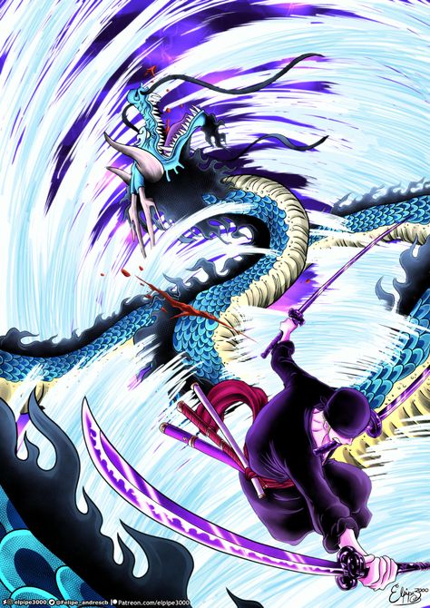 One Piece 1003 - Santoryu Kokujo o Tatsumaki by elpipe3000 on DeviantArt Zoro Vs Kaido, Kaido One Piece, رورونوا زورو, Dragon Ball Wallpaper Iphone, Alien Character, One Piece Ace, Zoro One Piece, One Piece Drawing, Black Anime Characters