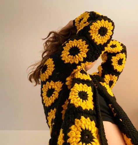 Yellow Party, Colour Theory, Crochet Work, Crochet Cardigan, Color Theory, Black Cardigan, Sunflower, Yarn, Embroidery