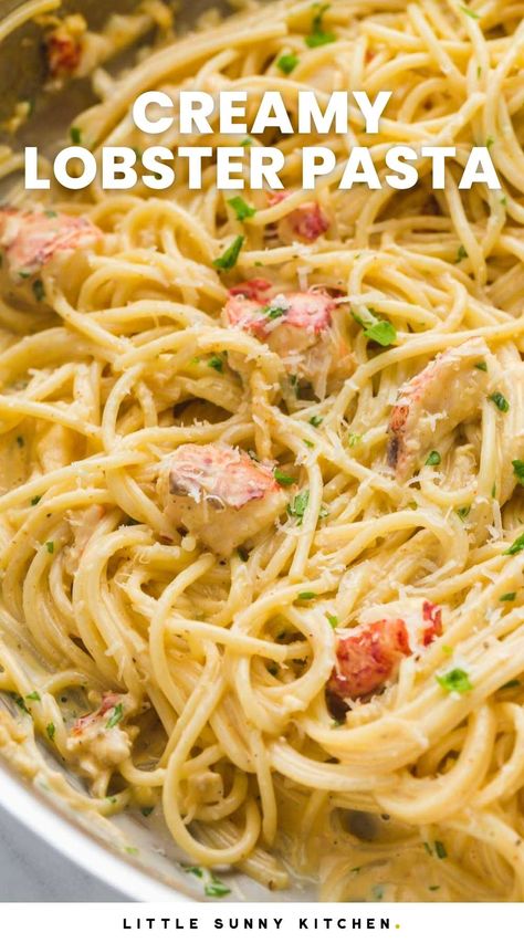 Easy lobster pasta that is creamy, buttery, garlicky, and ready in just 20 minutes! Perfect for a date night or a special occasion meal. Easy Lobster Pasta Recipe, Creamy Lobster Pasta Recipe, Lobster Pasta Recipe Linguine, Lobster And Pasta Recipes, Lobster Pasta Creamy, Savoury Board, Anniversary Meals, Pasta With Lobster, Lent Food