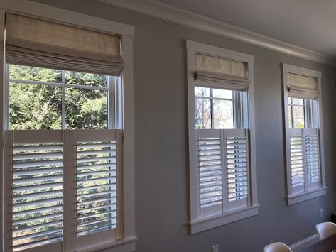 Cafe style shutters 
roman shades Cafe Shutters With Roman Shade, Roman Blinds And Shutters, Interior Fabric Shutters, Cafe Shutters Dining Room, Shutters And Roman Blinds Together, Cafe Style Shutters With Roman Blinds, Cafe Shutters With Curtains, Window Treatments With Shutters, Half Window Treatments