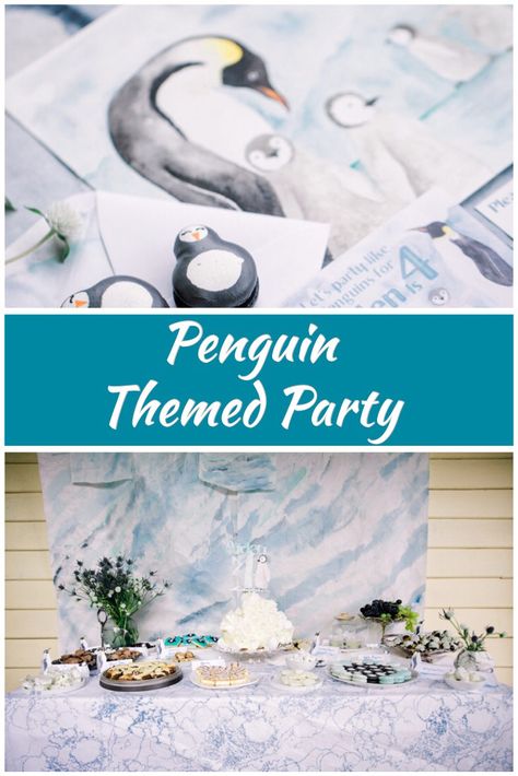 Penguin themed winter party ideas including penguin dessert table and penguin themed party food and games. Penguin Themed Birthday Party Games, 1st Birthday Penguin Theme, Penguin Party Ideas Decoration, Penguin Pool Party, Penguin Party Ideas, Penguin Birthday Party Decorations, Penguin Themed Birthday Party, Penguin Birthday Party, Hot Chocolate Party