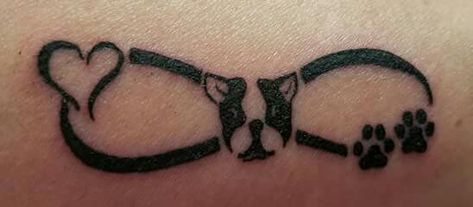 Boston Terrier Infinity tattoo.. LOVE THIS!! Boston Terrier Tattoo, Terrier Tattoo, Boston Tattoo, Pet Memorial Tattoo, French Bulldog Tattoo, Bulldog Tattoo, Dog Memorial Tattoos, Dog Paw Tattoo, Tattoo Dog