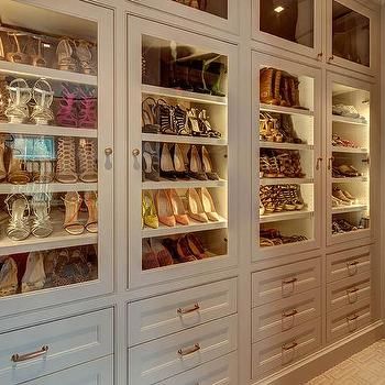 Shoe Cabinets With Doors, Backlit Shelves, Luxury Shoe Cabinet, Shoe Shelf In Closet, Ceiling Cabinets, Purse Closet, Transitional Closet, Diy Walk In Closet, Top Cabinets