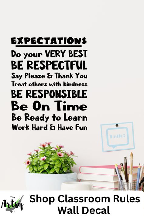 This decal allows you to easily and effectively communicate your classroom rules and expectations to your students. The decal includes rules such as "Work Hard and Stay Kind" and "Say Please and Thank You" as well as "Be Respectful" and "Be Responsible". It also promotes kindness, reminding your students to "Be Kind". Keep your classroom running smoothly with this expectations decal! This school decal will help remind your students of the importance of meeting school expectations and help reinfo Teacher Decals, School Expectations, Classroom Rules And Expectations, School Library Decor, School Decal, Stay Kind, Inspirational Articles, Classroom Teacher, Say Please