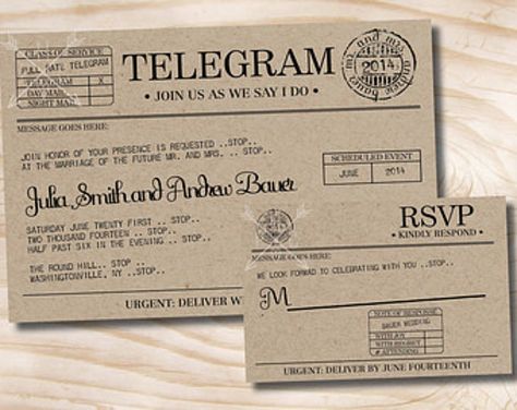 Telegram Invitations, 1940s Wedding Theme, Vintage Telegram, Speakeasy Wedding, 1940s Wedding, Printing Wedding Invitations, Inexpensive Wedding Venues, Rustic Invitations, Vintage Wedding Invitations