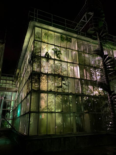 Halloween. Scary Night at Meise botanical garden Creepy Greenhouse, Greenhouse At Night, In The Night Garden Aesthetic, Eco Goth Aesthetic, Scary Architecture, Botanical Goth, Botanical Gothic, Space Reference, Goth Interior