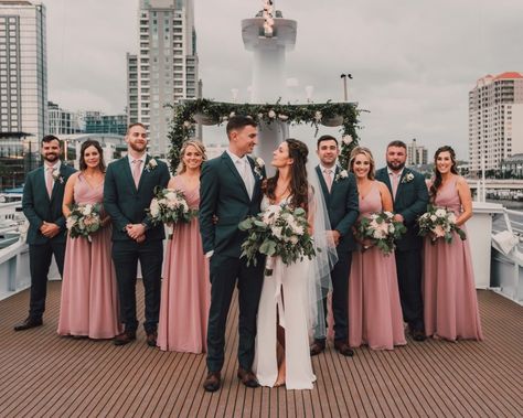 Florida Minimalistic Bride Holding Wild Eucalyptus Greenery and White Floral Bouquet and Groom with Wedding Party, Bridesmaids in Dusty Rose Matching Dresses, Groomsmen in Navy Blue and Blush Pink Ties | Tampa Bay Waterfront Wedding Venue Yacht StarShip | Wedding Hair and Makeup Femme Akoi Beauty Studio | Wedding Photographer and Videographer Bonnie Newman Creative Blush Pink And Navy Blue Bridesmaid Dresses, Blush Wedding Dress And Bridesmaids, Dusty Rose Bridesmaid Dress Navy Blue Groomsmen, Navy Sage Pink Wedding, Dusty Rose Sage Green Navy Wedding, Canyon Rose And Navy Wedding, Blush Navy Blue Wedding, Sage Green Navy Blue Blush Pink Bridesmaids, Dusky Rose And Navy Wedding