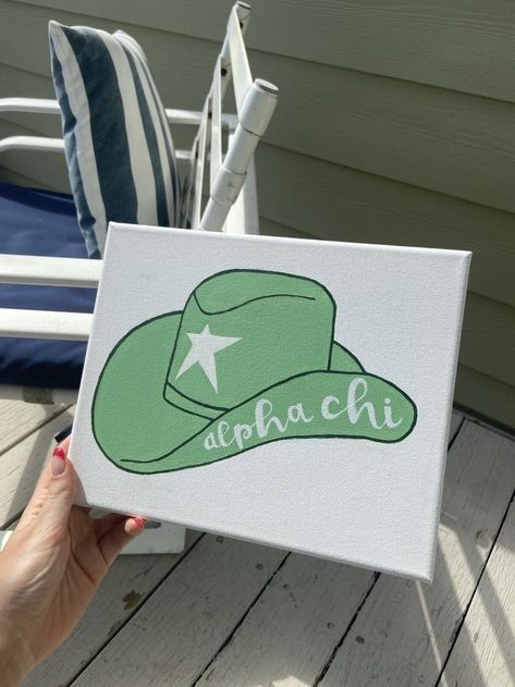 Cowboy Hat Painting, Alpha Chi Omega Canvas, Sorority Canvas Art, Chi Omega Canvas, Sorority Canvas Paintings, Big Lil Gifts, Sorority Canvases, Big Little Paddles, Big/little Baskets