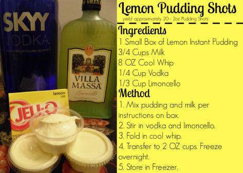 Lemon Pudding Shots, Shots Jello, Lemon Dishes, Pudding Shot Recipes, Lemon Shots, Jello Pudding Shots, Party Beverages, Limoncello Cocktails, Dessert Shots