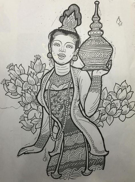 Myanmar ancient girl sketch by u aye myint. Myanmar Culture Art, Myanmar Art Drawing, Myanmar Traditional Art, Myanmar Traditional Tattoo, Myanmar Tattoo, Sketches Traditional, Myanmar Culture, Mural Sketch, Burmese Art