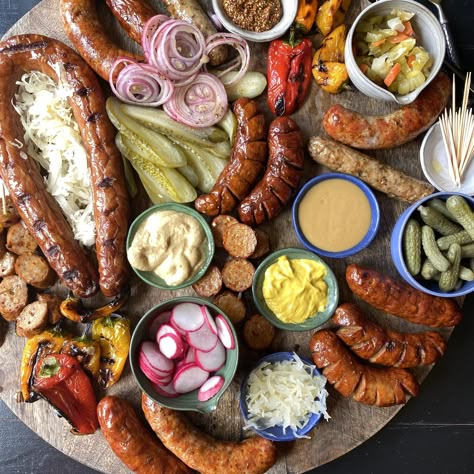 Sausage Board, Marinated Red Onions, Whole30 Sausage, Sausage Platter, Oktoberfest Food, Pistachio Pesto, Sweet Bell Peppers, Grilled Sausage, Charcuterie Inspiration