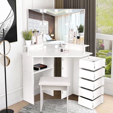 Corner Vanity Table, Vanity Ideas Bedroom, Corner Makeup Vanity, Vanity With Lights, Corner Vanity, White Dressing Tables, Bedroom Makeup Vanity, Drawer Table, Mirrored Vanity Desk