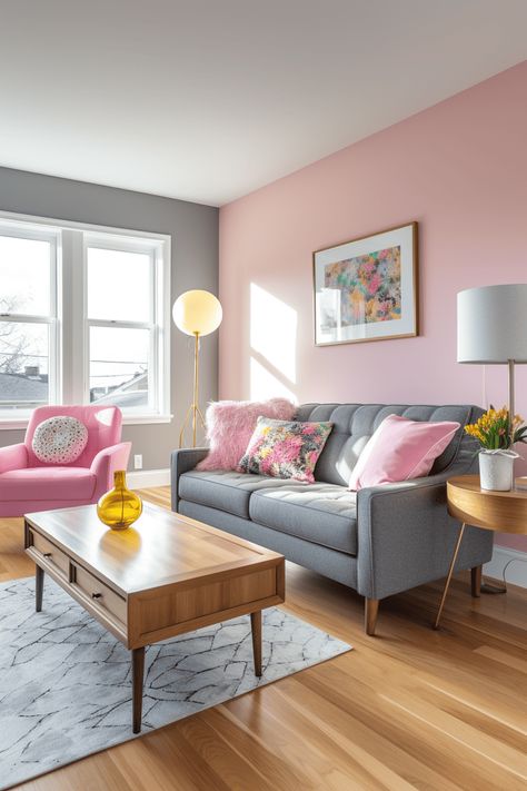 Pink and Grey Living Room Ideas: Light Stained Furniture Pink And Grey Studio Apartment, Pink Modern Living Room, Gray And Pink Living Room Decor, Light Pink Walls Living Room, Pink And Grey Living Room Ideas, Pink Wall Living Room, Pink Grey Living Room, Gray And Pink Living Room, Living Room Ideas Light