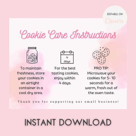 INSTANT DOWNLOAD. Add this personal touch to your cookie business with this editable care instruction card. Cookie Business Cards Design, Cookie Care Instructions, Cookie Small Business, Cookies Business Ideas, Bake Bar, Scrapbook Recipe, Scrapbook Recipe Book, Care Instructions Card, Home Bakery Business