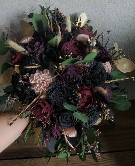 Wood Flowers Wedding Centerpiece, June Flowers In Season Wedding Bouquets, Untraditional Wedding Bouquet, Dark Floral Arrangements Wedding, Dark Dried Flower Bouquet, Black Dahlia Wedding Bouquet, Moody Wedding Flowers Centerpieces, Dark Cottage Core Wedding, Dark Romance Wedding Color Palettes