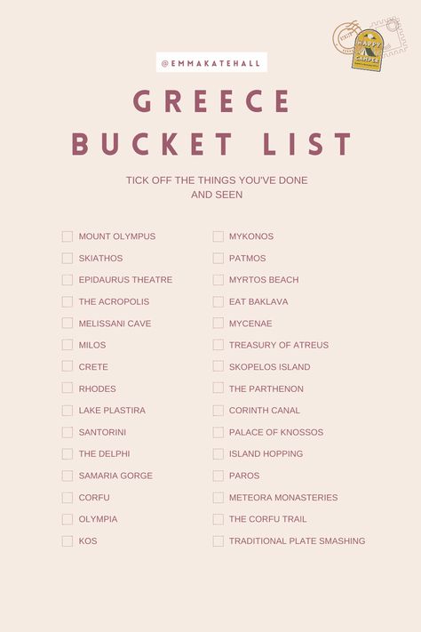 Bucket Lists - Emma Kate Hall Bucket List Greece, Bucket Checklist, Kate Hall, Greece Bucket List, Emma Kate, Travel Wishlist, Travel Checklist, Trampolines, Bucket Lists