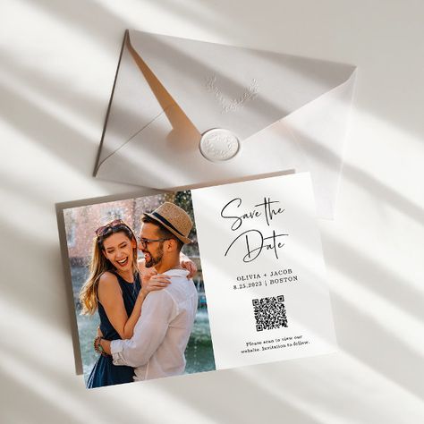 QR Code | Simple and Modern Photo Save the Date Wedding Invitations Qr Code, Wedding Simple Elegant, Save The Date Black, Funny Save The Dates, Simple Save The Date, Minimalist Save The Date, Wedding Invitation Trends, Elegant Save The Date, Wedding Magnets