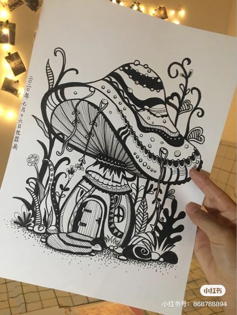 Zentangle Mushrooms, Zentangle Cards, Sharpie Drawings, Zentangle Artwork, Zen Doodle Art, Doodle Art Drawing, Magical Art, Book Drawing, Mushroom Art