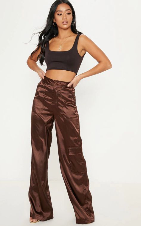 Petite Brown Satin Cargo Pants | Petite | PrettyLittleThing AUS Brown Satin Pants Outfit, Satin Joggers Outfit, Petite Wide Leg Pants, Satin Pants Outfit, Satin Cargo Pants, Brown Cargo Pants, Satin Joggers, Brown Crop Top, Joggers Outfit