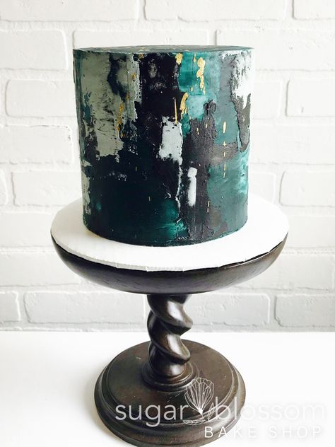 Charcoal, teal and gold masculine cake Mens Birthday Cake Classy, Masculine Cake Ideas, Masculine Cake Design, 2023 Cake Ideas, Masculine Cakes For Men, Masculine Birthday Cake, Male Birthday Cake Ideas, Men Cake Ideas, Textured Buttercream Cake