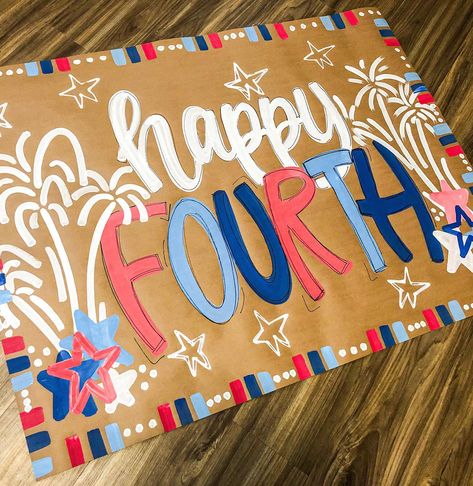 Another banner just dropped for purchase for the Fourth of July and up for a giveaway! 🤩🇺🇸 Brown Paper Sign, Fourth Of July Signs, Volleyball Locker, Fourth Of July Banner, Painted Banners, Story Banner, Painted Banner, Banner Inspiration, Cheer Posters